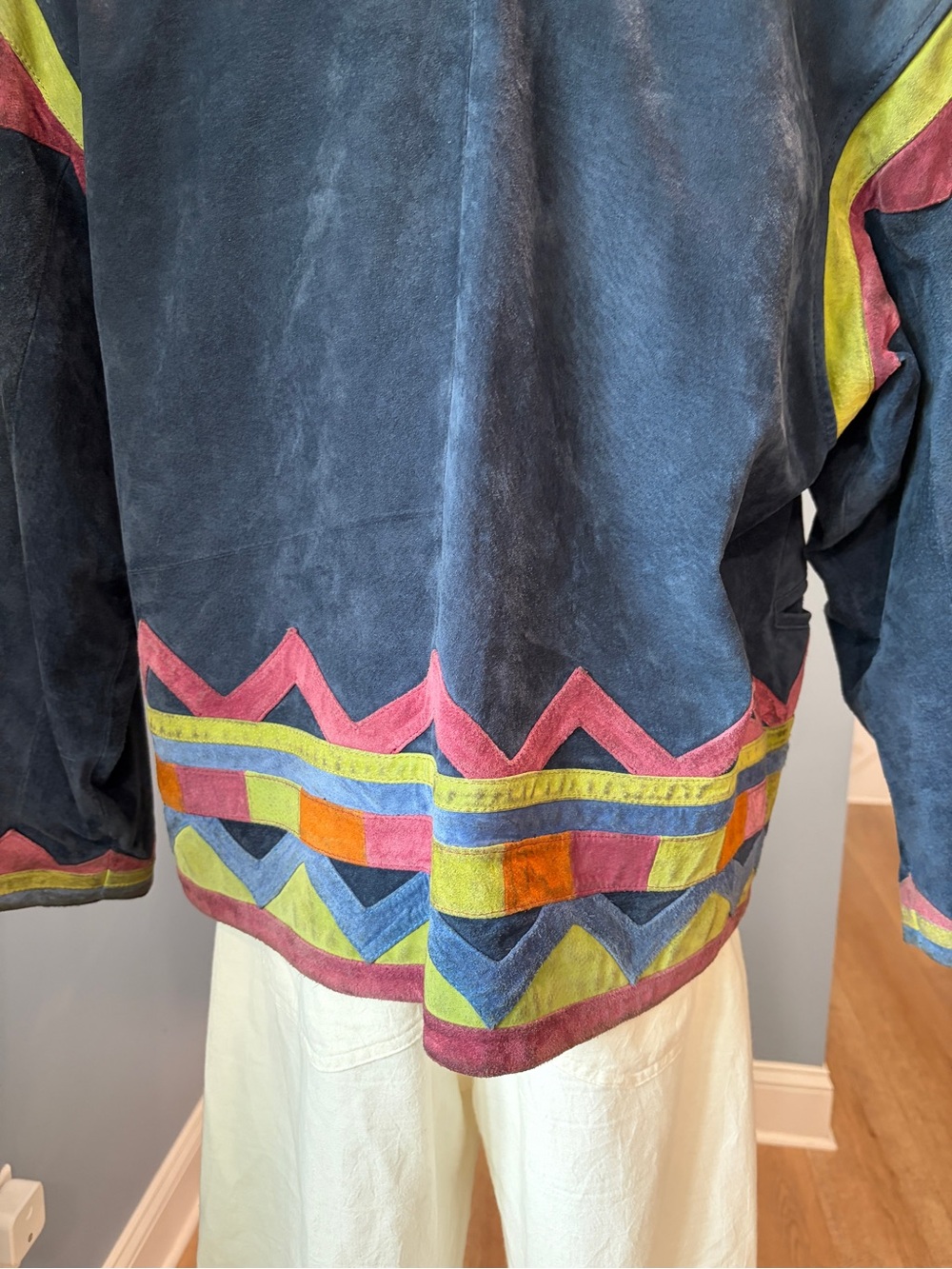 Rare Vintage Sonneur Suede Leather Jacket Faux Fur Collar Southwest Colorblock - Picture 9 of 10